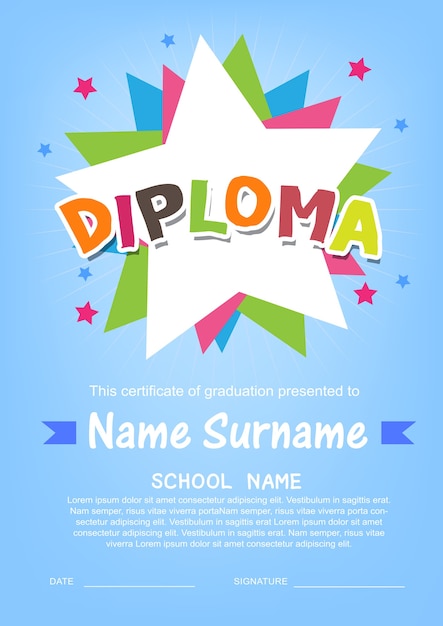 Vector preschool kids diploma certificate background  template