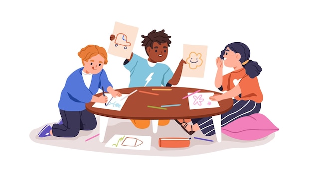 Preschool kids drawing at table. Cute little children with pencils painting on papers together. Happy girls and boys friends at leisure. Flat graphic vector illustration isolated on white background.