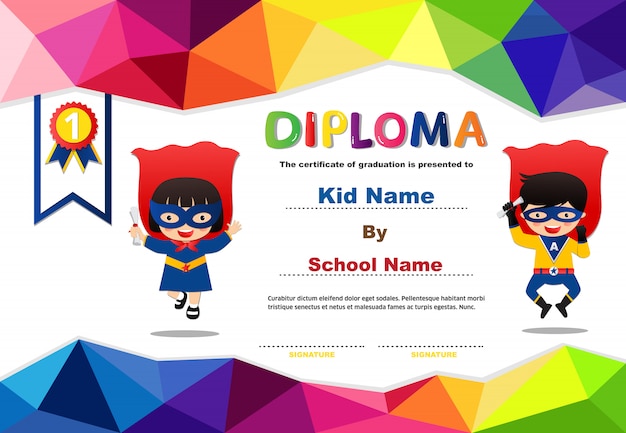 Preschool superhero bambini ragazzi e ragazze diploma certificato modello di progettazione colorata