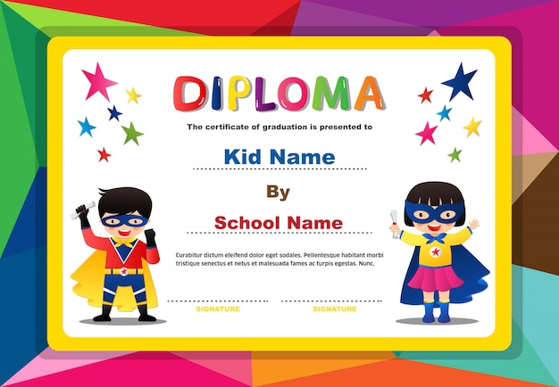 Preschool superhero bambini ragazzi e ragazze diploma certificato modello di progettazione colorata