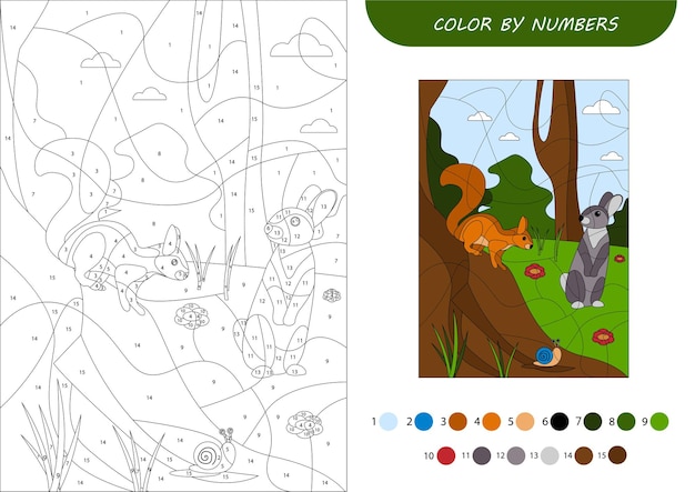 Vector preschool tasks for children coloring by numbers