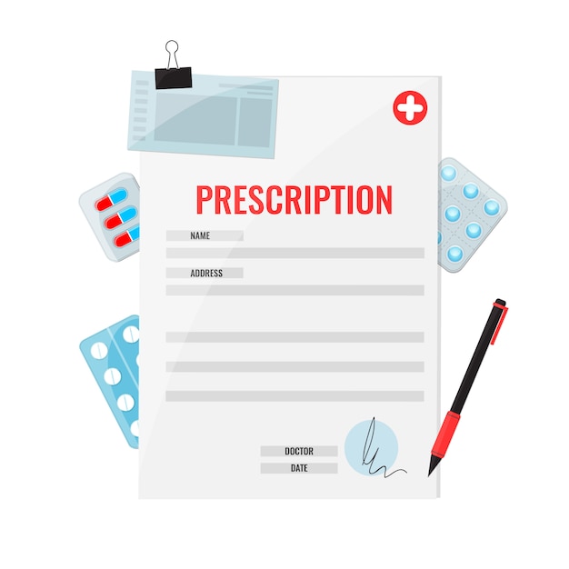 Vector prescription drugs form and pen with flat style pills.