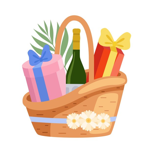 Vector present basket full of gifts and alcohol bottle birthday xmas wedding anniversary celebration design