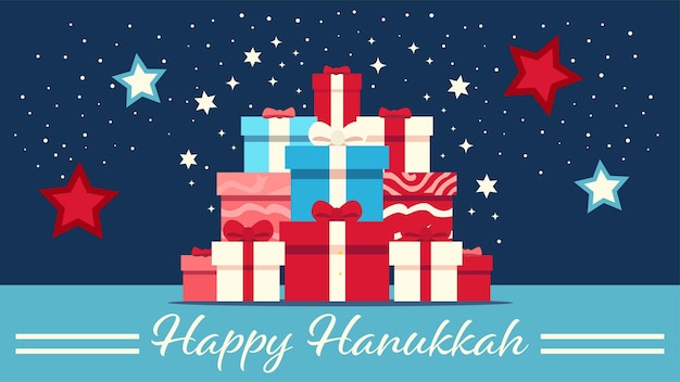 Present boxes abound in a joyous Hanukkah scene A Happy Hanukkah greeting adds warmth