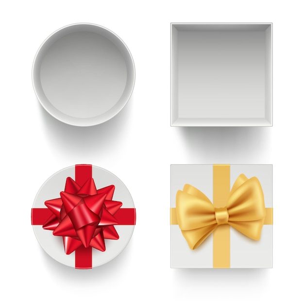 Vector present boxes with bows. gifts celebration packages with colored ribbons red and golden template isolated