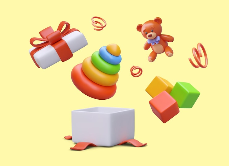 Вектор подарок с различными игрушками для детей 3d открытая коробка с плюшевой медведью образовательной пирамиды и кубиков