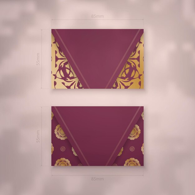 Vector presentable business card in burgundy color with greek gold pattern for your contacts.