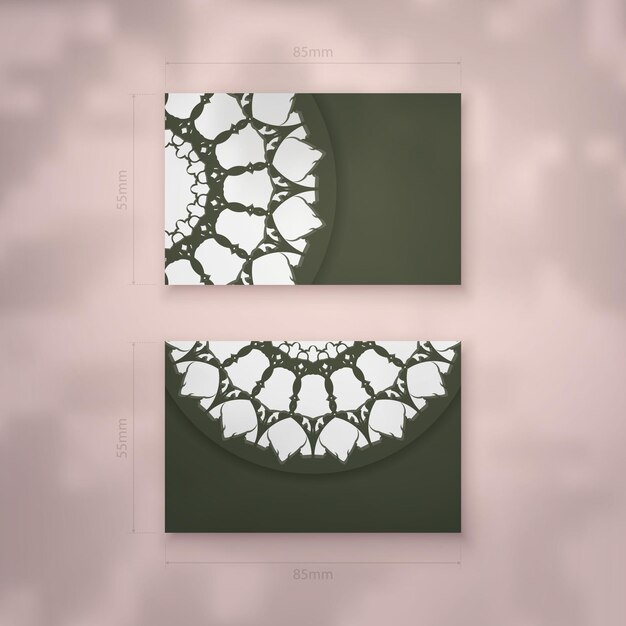 Vector presentable business card of dark green color with mandala white ornament for your contacts.