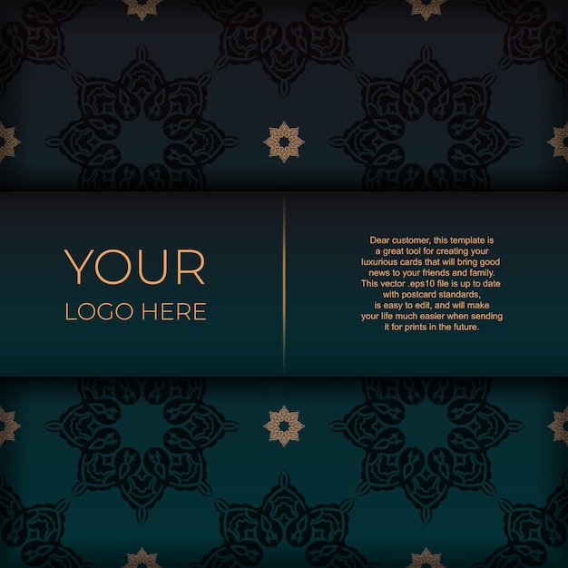 Presentable Template for printable design of postcard in dark green color with arabic patterns. Preparing an invitation card with vintage ornaments.