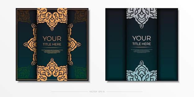 아랍어 장식이 있는 짙은 녹색 색상의 인쇄 디자인 엽서용 벡터 템플릿입니다.