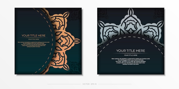 Vector presentable vector template for print design postcard dark green color with arabic patterns.