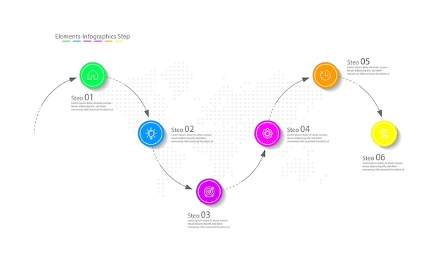 Presentatie-elementen zakelijke infographic sjablooncirkel kleurrijk met zes stappen