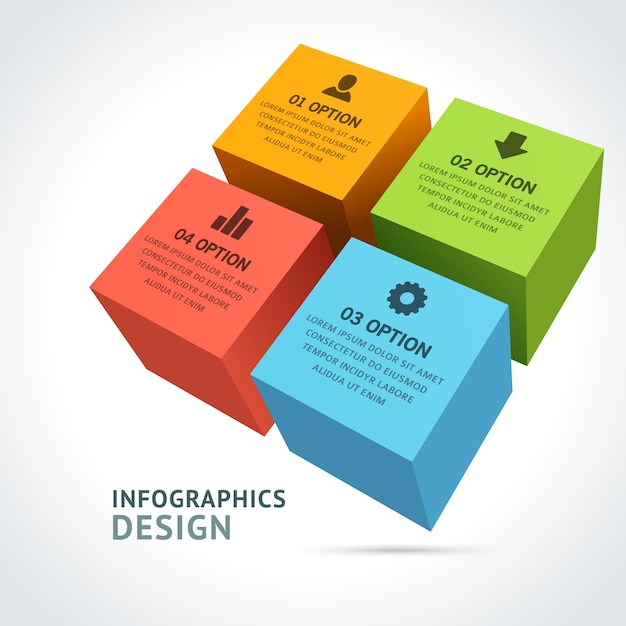 Presentatie infographic 3d kubussen isometrische vector sjabloon Creatieve oranje strategie zoekstrategie met groene marketinggegevens downloaden Rode managementgrafiek en blauwe resource-optimalisatie