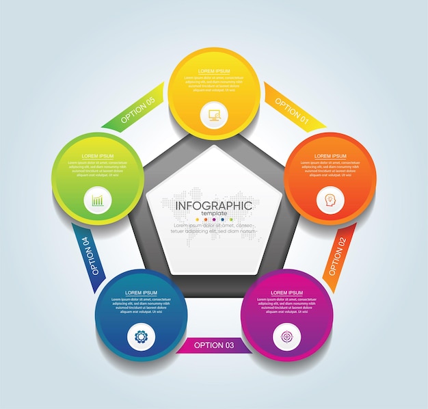 Presentatie zakelijke infographic sjabloon cirkel kleurrijk met 5 stappen