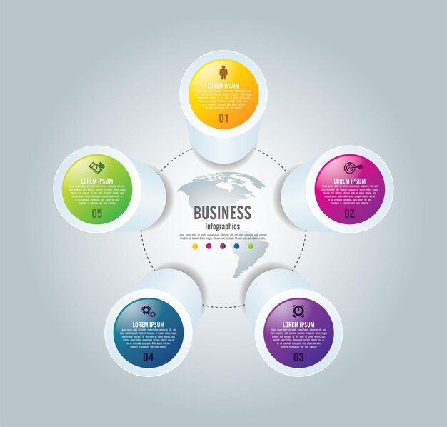 Presentatie zakelijke infographic sjabloon cirkel kleurrijk met vijf stappen