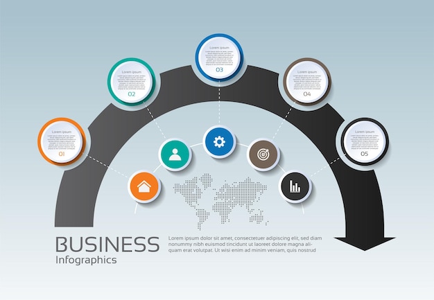 Presentatie zakelijke infographic sjabloon cirkel kleurrijk met vijf stappen