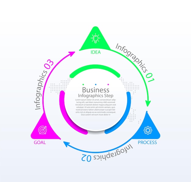 Presentatie zakelijke infographic sjabloon kleurrijk met drie stappen