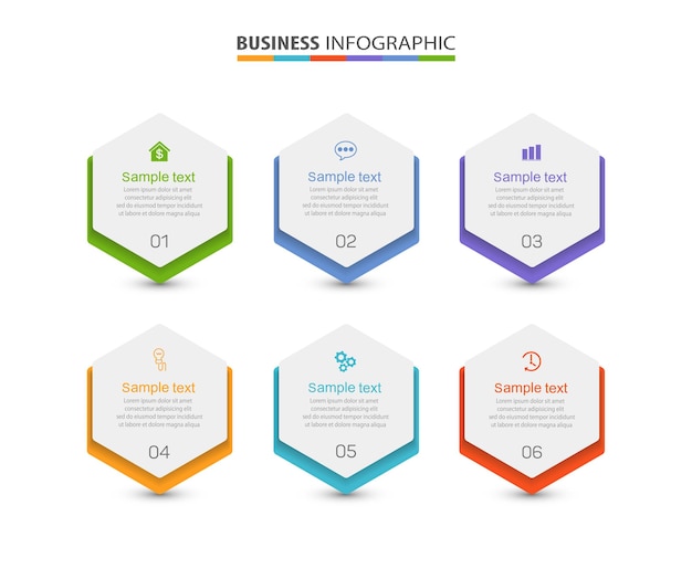 Presentatie zakelijke infographic sjabloon met 6 opties.