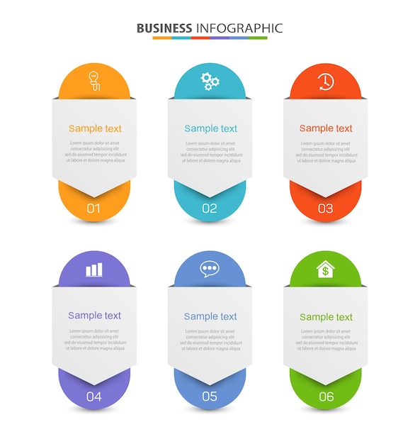 Presentatie zakelijke infographic sjabloon met 6 opties.