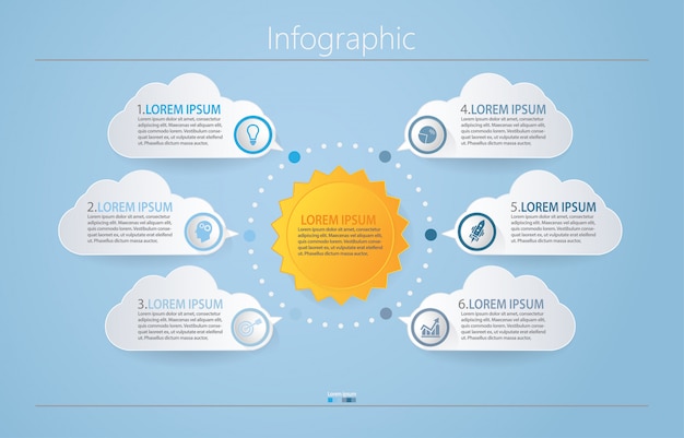 Presentatie zakelijke infographic sjabloon met 6 opties.