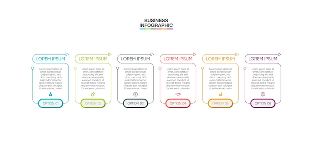 Presentatie zakelijke infographic sjabloon met 6 opties.