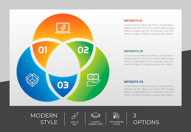 Presentatie zakelijke optie infographic met moderne stijl en kleurrijke concept. 3 stappen van infographic