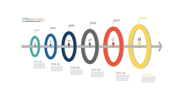 Presentatie zakelijke tijdlijn infographic sjabloonontwerp met 6 stappen