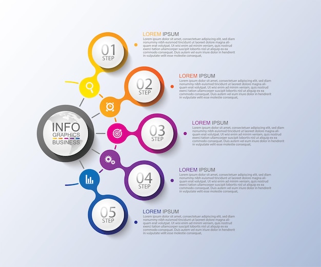 Elementi colorati di presentazione aziendale infografica con cinque passaggi