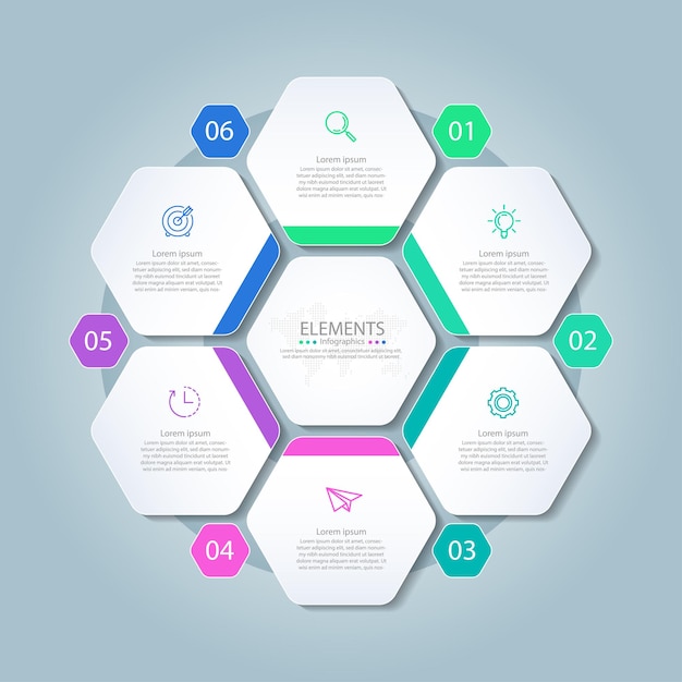 Elementi di infografica aziendale di presentazione con sei passaggi