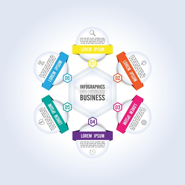 Presentazione aziendale infografica modello cerchio colorato con sei passaggi
