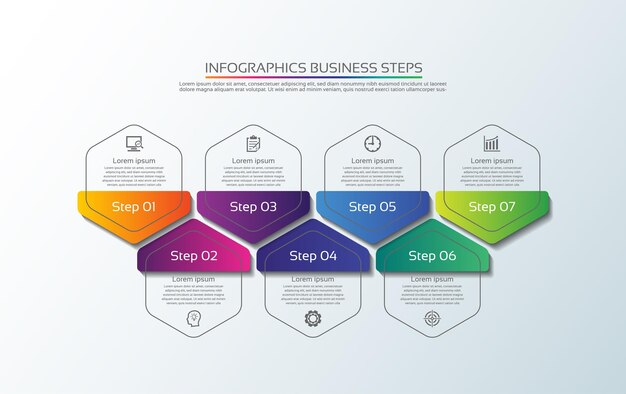 Презентация бизнес-инфографики шаблон красочный с семью шагами