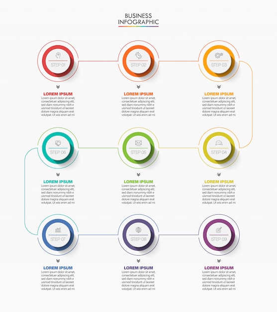 Modello di presentazione aziendale infografica con 9 opzioni.