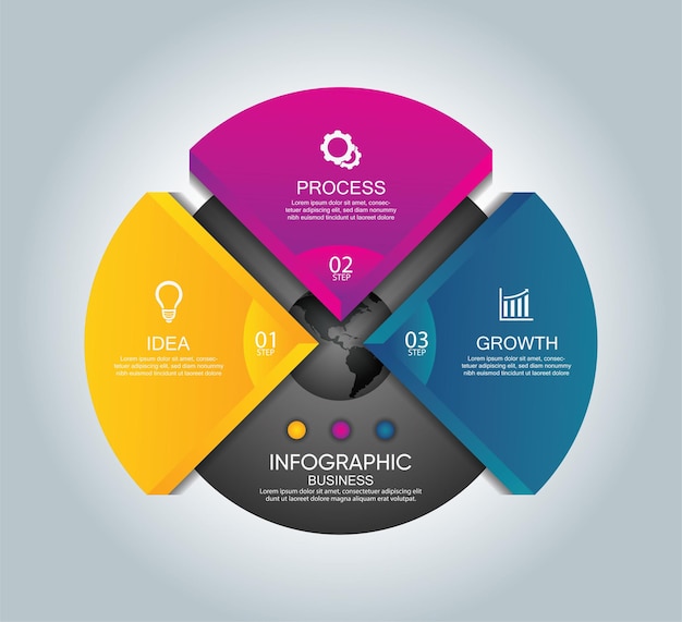 Modello di presentazione aziendale infografica con tre passaggi