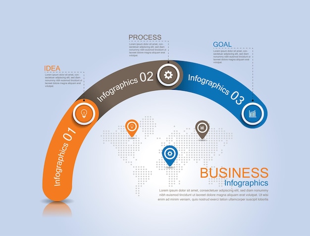 Modello di infografica aziendale di presentazione con tre passaggi