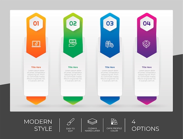 ベクトル モダンなスタイルとカラフルなコンセプトのプレゼンテーション ビジネス オプション インフォ グラフィック インフォ グラフィックの 4 つのオプションは、ビジネス目的で使用できます。