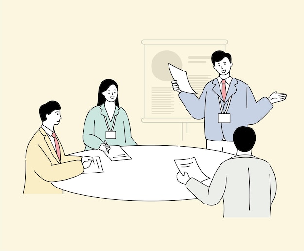 presentation businessman illustration set projector meeting chart group Vector drawing Hand drawing