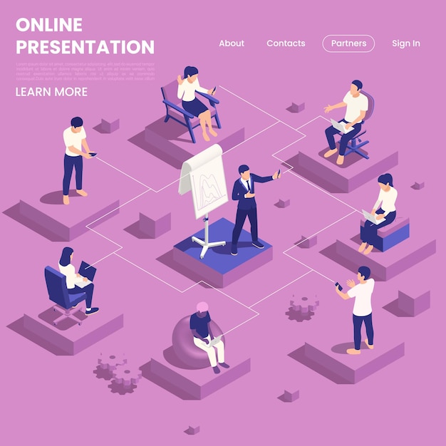 Presentation and conference page design with online discussion symbols isometric illustration