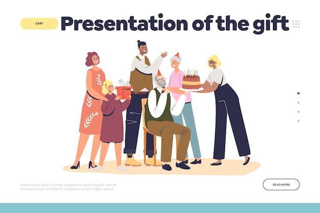 Presentation of gift concept of landing page with big family giving cake to grandparent during birthday celebration. Granddad anniversary present. Cartoon flat vector illustration