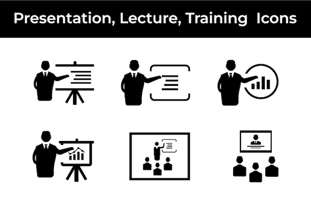 Vector presentation lecture training flat icon set with black color
