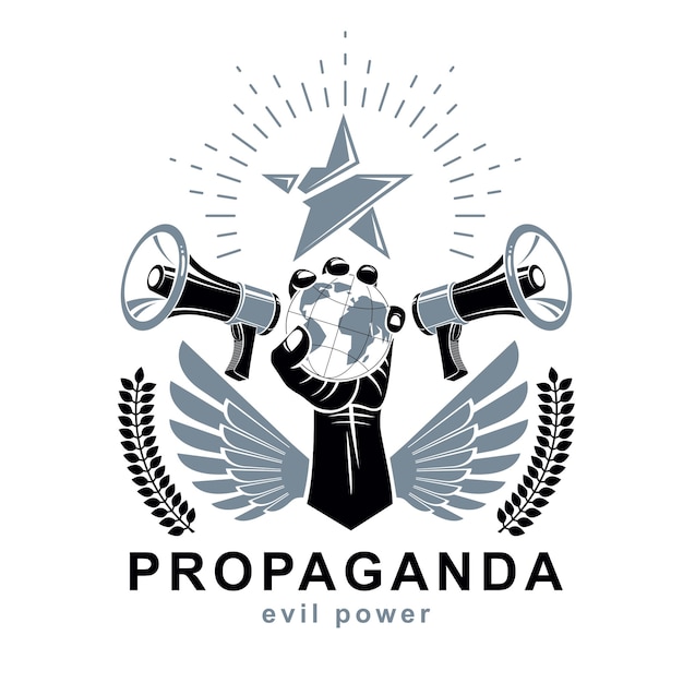 Презентационный плакат, состоящий из громкоговорителей, поднятая рука держит земной шар, векторная иллюстрация. Пропаганда как средство глобального манипулирования и контроля.
