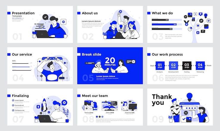 Vector presentation and slide design template with business people in flat line design style