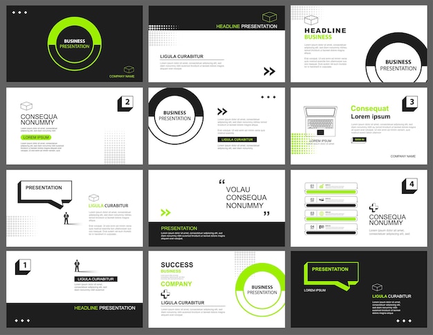 Vettore presentazione e sfondo del layout delle diapositive. design modello geometrico verde e nero. utilizzare per keynote aziendali, presentazioni, diapositive, marketing.