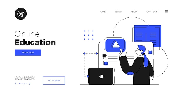 Вектор Шаблон слайда презентации или дизайн веб-сайта целевой страницы. бизнес-концепция иллюстрации. современный плоский стиль контура. онлайн-курсы обучения