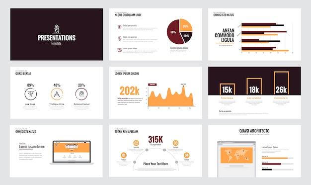 Modelli di diapositive di presentazione e brochure aziendali.
