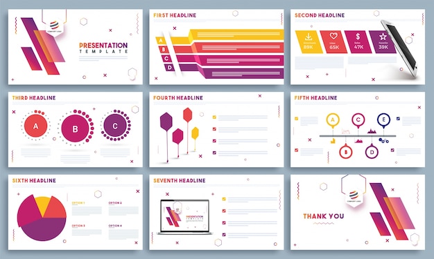 Presentation templates with colorful infographic elements.