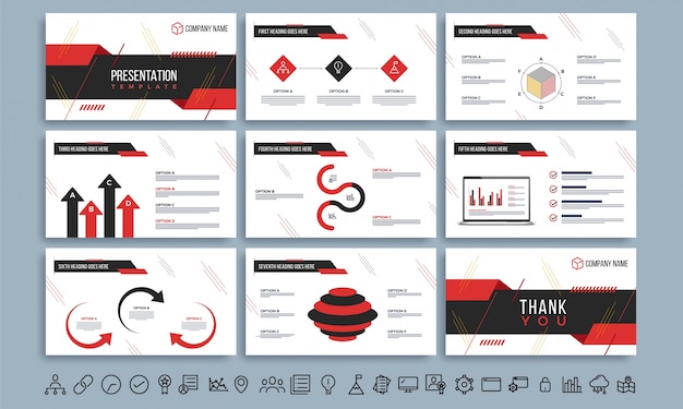 Presentation templates with red and black infographics.