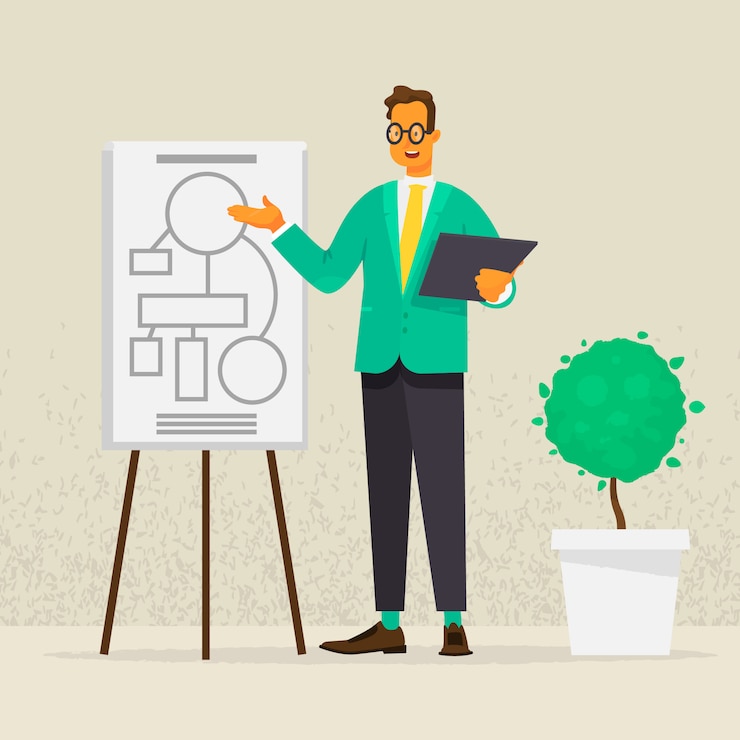 Vector presentation or training. speech at the board of a businessman