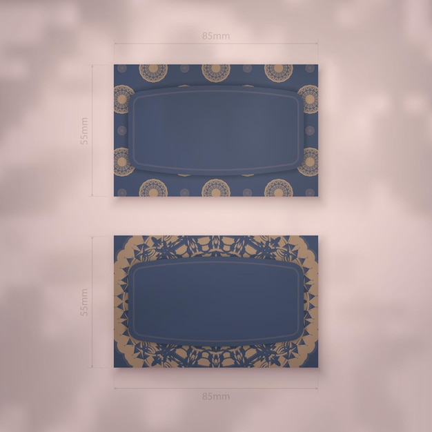 Presenteerbaar visitekaartje in blauw met Indiase bruine ornamenten voor uw merk.
