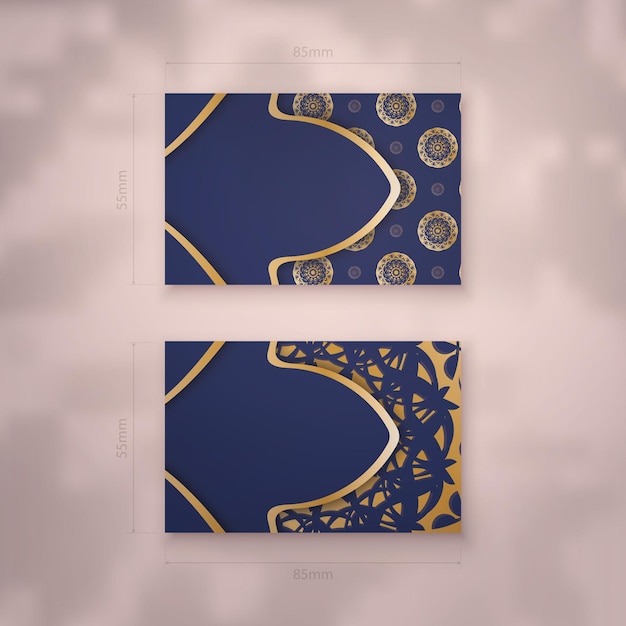 Presenteerbaar visitekaartje in donkerblauw met abstracte gouden ornamenten voor uw contacten.