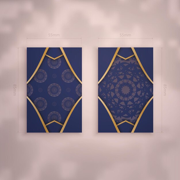 Presenteerbaar visitekaartje in donkerblauw met een mandala in gouden ornamenten voor uw merk.